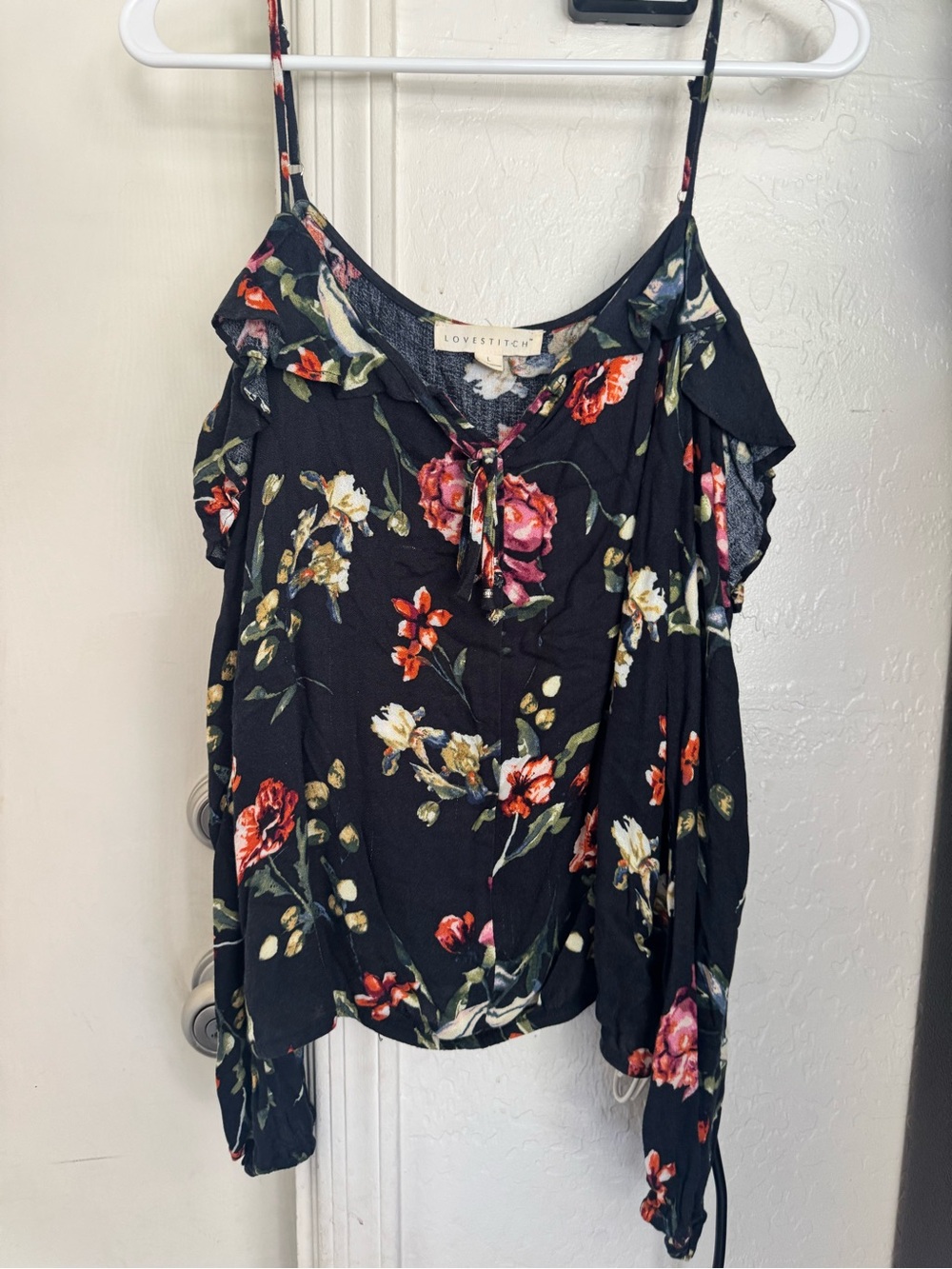lovestitch Black Floral Cold-Shoulder Camisole with Tie Neck